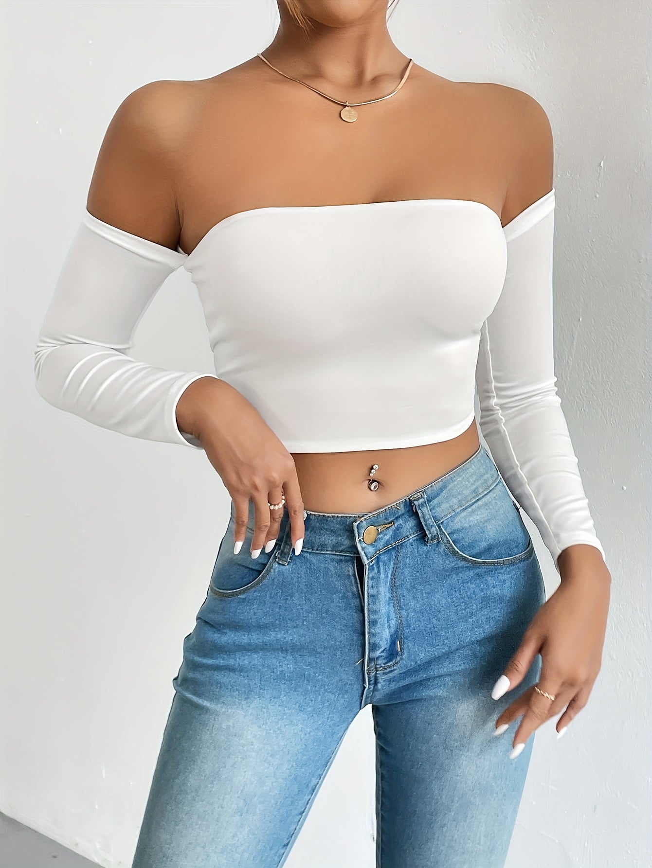 Solid Color Off-shoulder Crop Top, Sexy Long Sleeve Slim Top, Women's Clothing - Veloxea