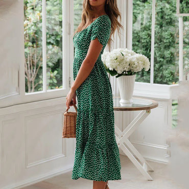 Vintage Print Puff Sleeve sweet dresses Casual Square collar floral maxi long dress