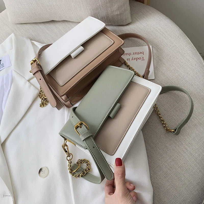 Contrast color Leather Crossbody Bags For Women Travel Handbag