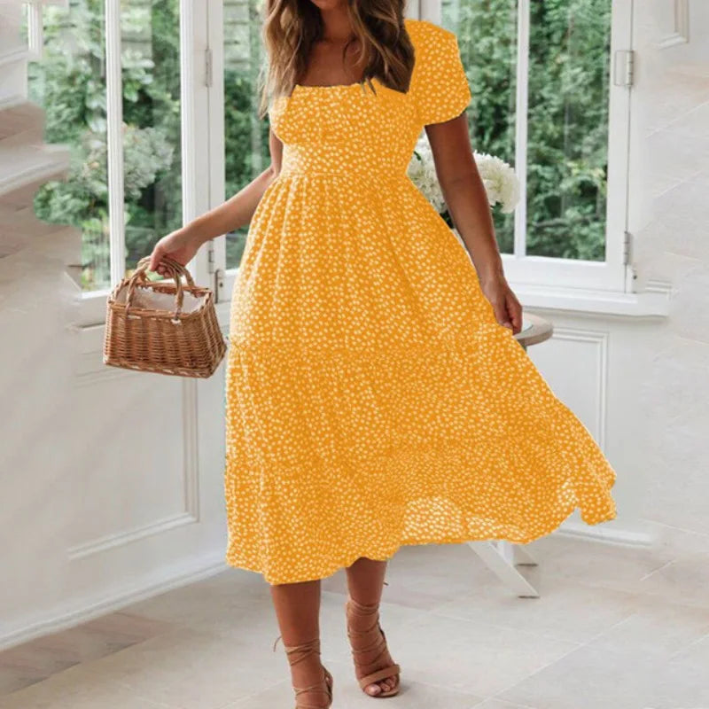 Vintage Print Puff Sleeve sweet dresses Casual Square collar floral maxi long dress