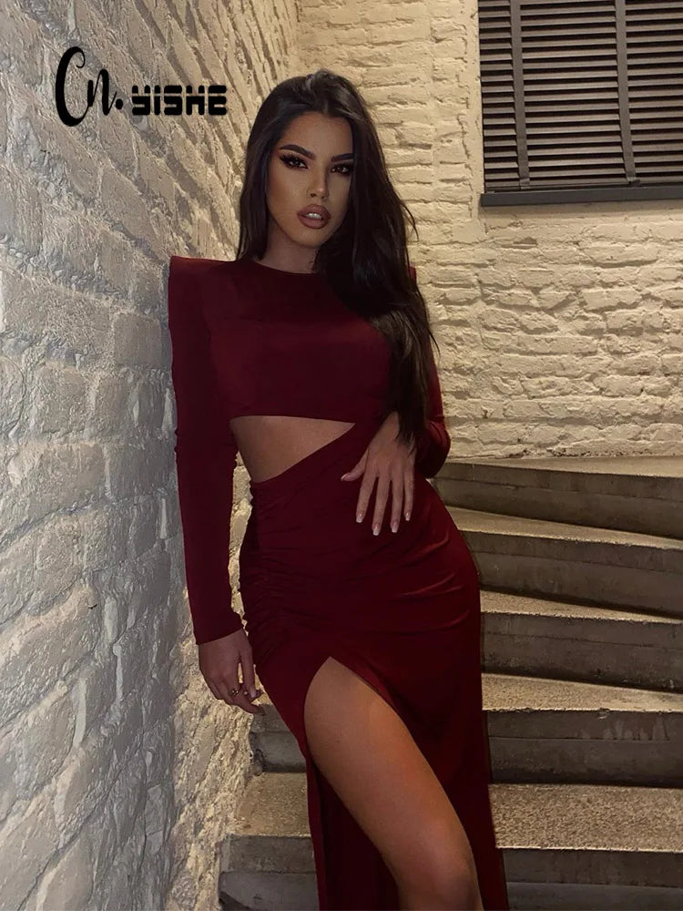 Split Cut Out Solid Elegant Bodycon Women Dresses O Neck Long Sleeve Sheath Outfits Sexy Club Fashion Female Vestidos