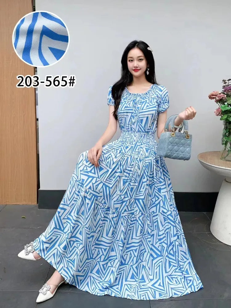 Long Dress Women Bohemian Cotton Linen Floral Short Sleeve Korean Style Casual
