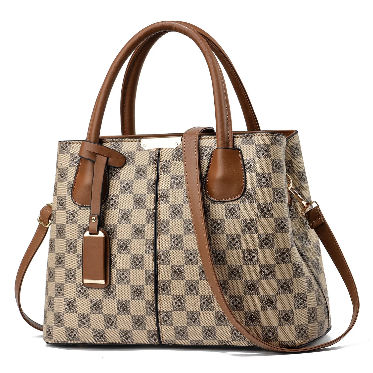 Elegant Flower Plaid Handbag: Versatile, Secure Zippered Satchel with Adjustable Strap & Polyester Lining