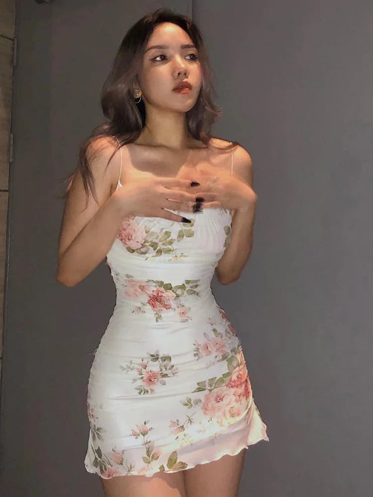 Women's Summer Short Dress Printed Halter Mesh Slim Retro Flower Dresses