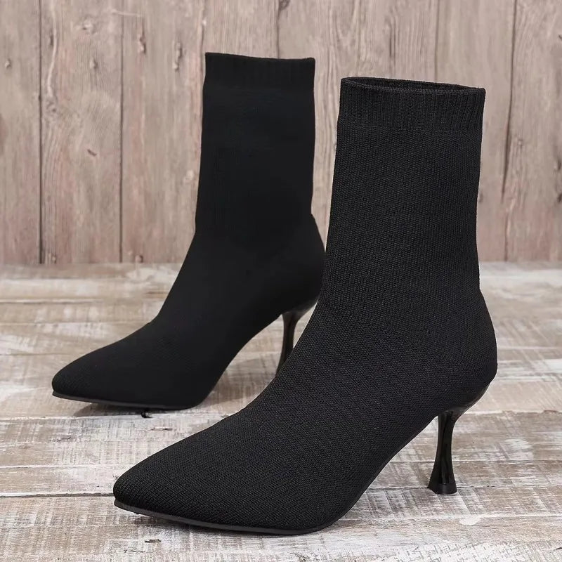 Ankle Boots Knitted Stretch Sock Boots Pointed Slip-on Casual Stiletto Office Botas Mujer