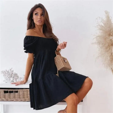 Women's Short Sleeved One Line Neck Commuter Waist Fold Lantern Sleeves Gentle A-line Solid Color Dress