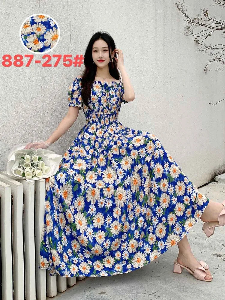 Long Dress Women Bohemian Cotton Linen Floral Short Sleeve Korean Style Casual