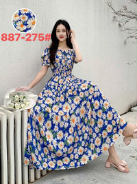 Long Dress Women Bohemian Cotton Linen Floral Short Sleeve Korean Style Casual