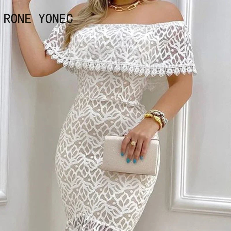 Women Solid Chic Off Shoulder Ruffle Hem Lace Hem Bodycon
