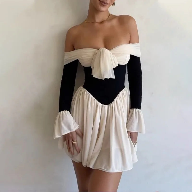 Elegant Strapless Backless Sexy Mini Dress For Women New Off-shoulder Long Flare Sleeve Pleated Club Party Dress