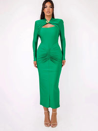 Articat Elegant Long Sleeved Elastic Tight Long Dress Pleated Hollowed Out Slim Vestido