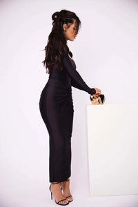 Articat Elegant Long Sleeved Elastic Tight Long Dress Pleated Hollowed Out Slim Vestido
