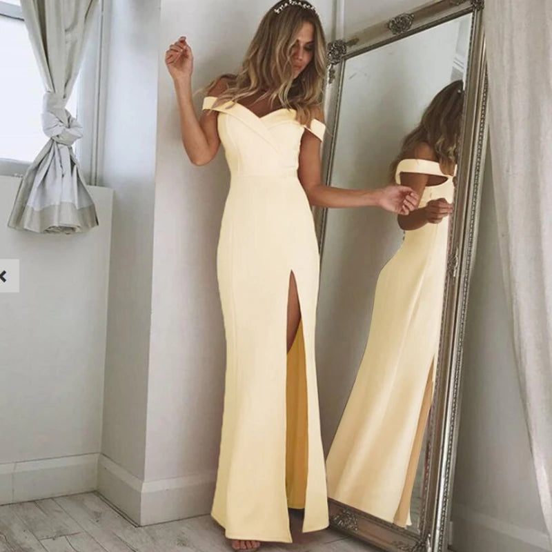 Elegant Dresses Blue Slim Maxi Dress Slash Neck Off Shoulder Dress for Women