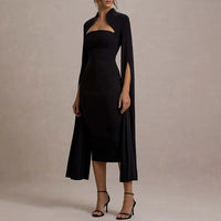 Hollow Out Long Sleeved Slim A-line Dress Elegant Square Neck Waist Solid Color Wrap Hip Dress