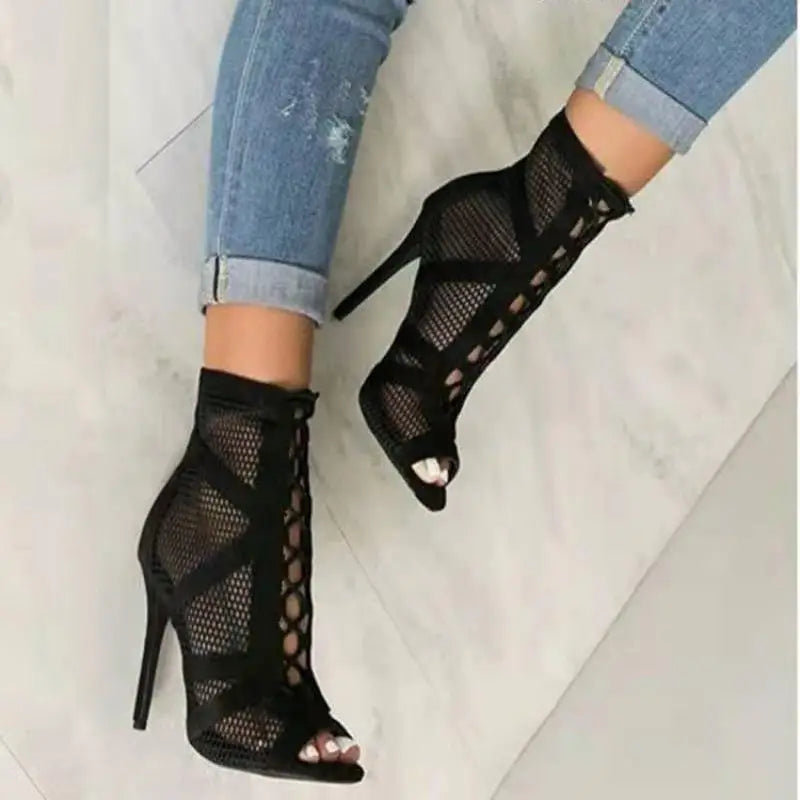 Black Net Fabric Cross strap Sexy high heel shoes Pumps Lace-up Peep
