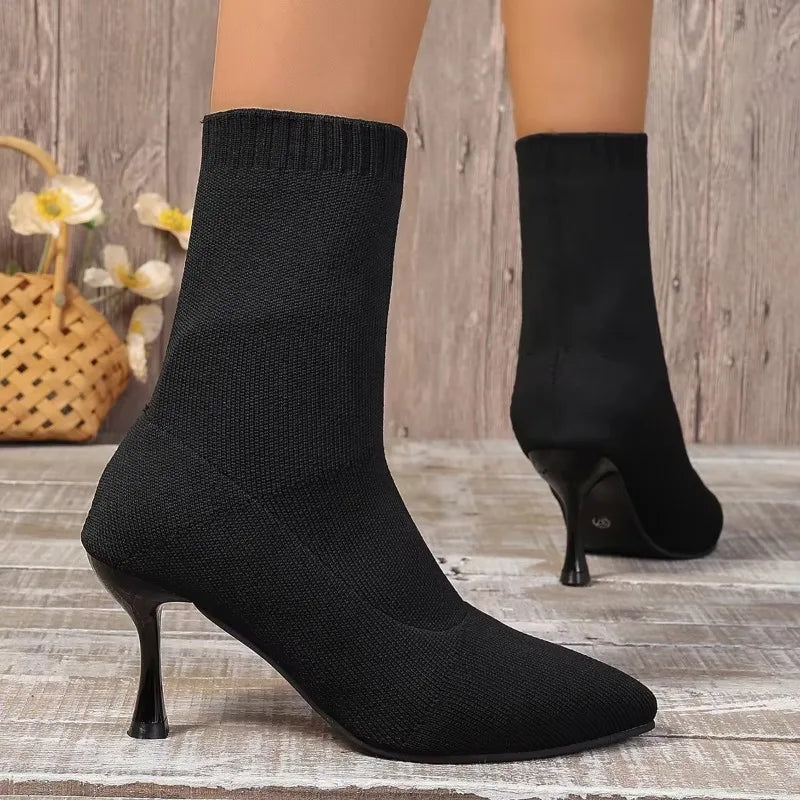 Ankle Boots Knitted Stretch Sock Boots Pointed Slip-on Casual Stiletto Office Botas Mujer