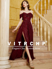 VITRCHP Luxury Evening Dress A-Line Floor Length Backless Split Sequins Long Prom Cocktail Dress