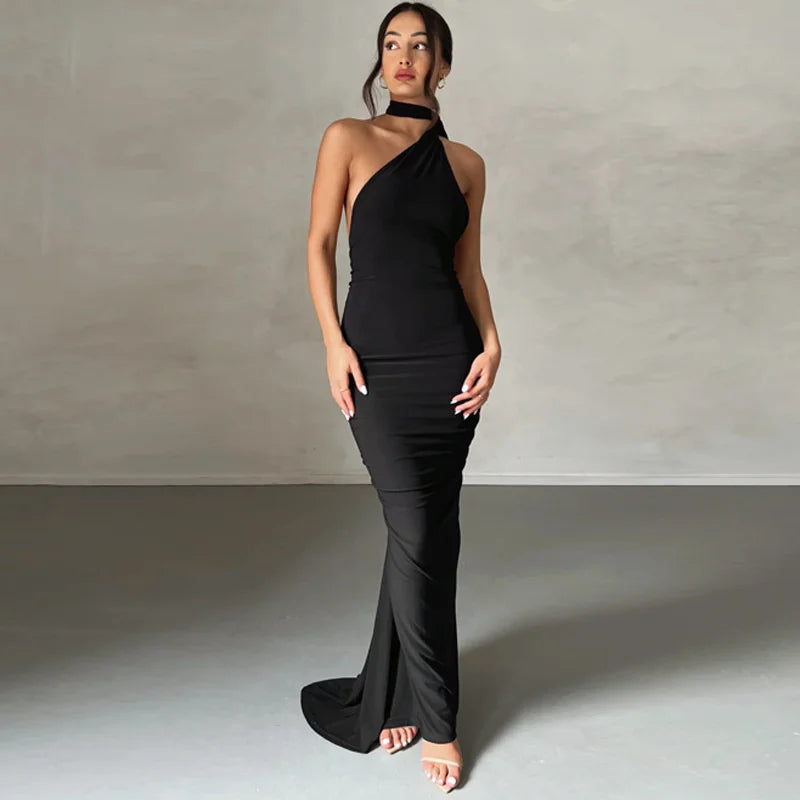 Oblique Shoulder Backless Maxi Dress For Women Gown Back Strap Sleeveless