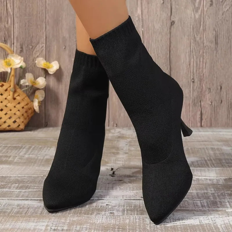 Ankle Boots Knitted Stretch Sock Boots Pointed Slip-on Casual Stiletto Office Botas Mujer