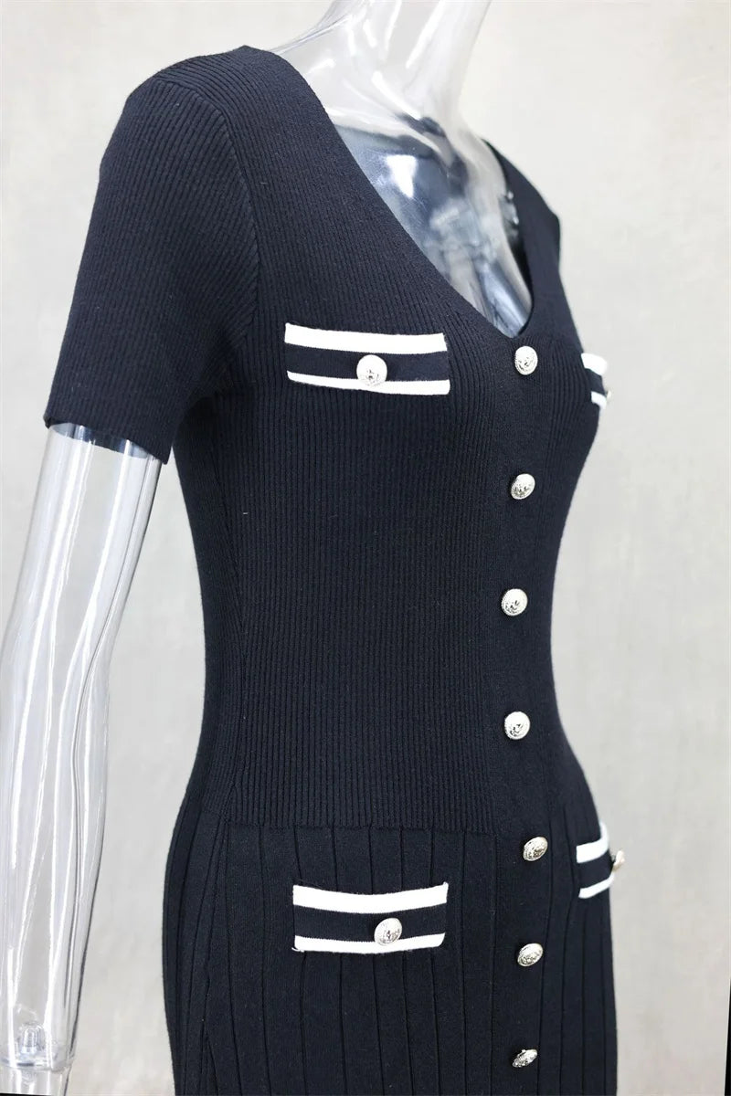 Office Lady Elegant Knitted Long Dress Summer Short Sleelve V Neck Single Breasted Bodycon Dresses Women Party Fashion Vestidos