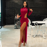 Sexy Maxi Dress Women Fashion Waist Cut Out Slim Party Dresses Red Long Sleeve Evening Party Christmas Dress