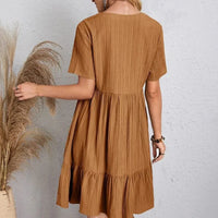 Women Summer Peplum Dresses V-Neck Short Sleeve Loose Waist Ruffle Fit Flare