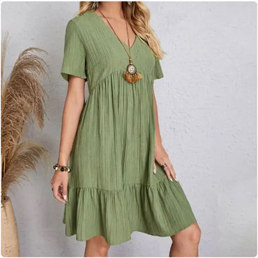 Women Summer Peplum Dresses V-Neck Short Sleeve Loose Waist Ruffle Fit Flare