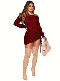 Women's Solid Color Wool Pier Dress Drawstring Drop Shoulder Long Sleeve Midi Dress