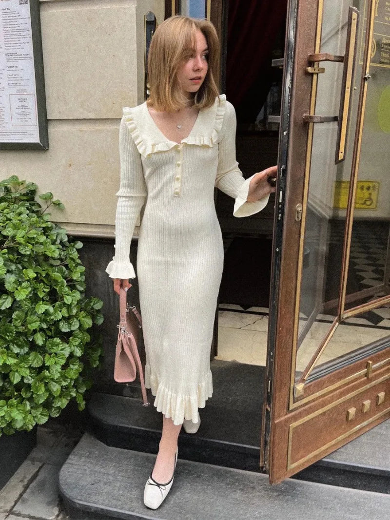 High Waist Ruffled Maxi Dresses For Women Knitted Slim Long Dress Women's Vintage Dress