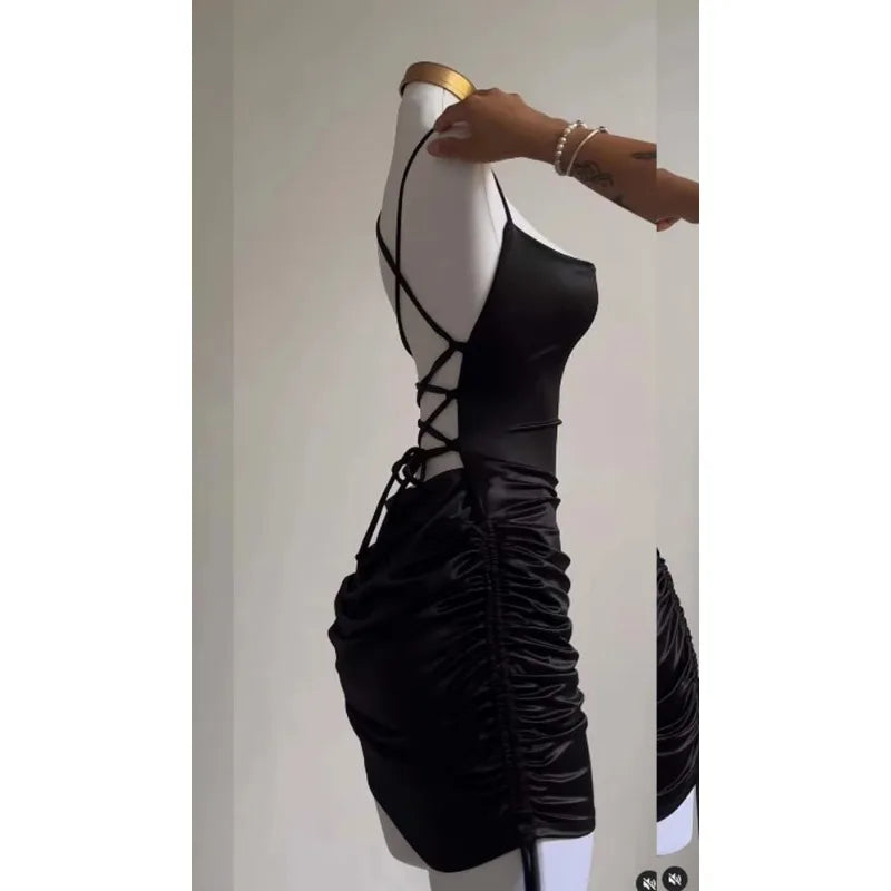 Women's Sexy Satin Lace Up Bodycon Mini Dress, Sleeveless, Backless, Party Club Dresses, Elegant Evening Clothes, Black Robe
