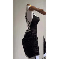 Women's Sexy Satin Lace Up Bodycon Mini Dress, Sleeveless, Backless, Party Club Dresses, Elegant Evening Clothes, Black Robe
