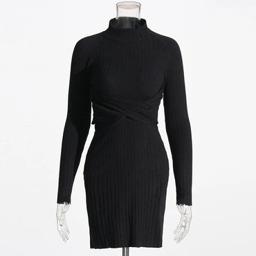 ECR Solid Elegant Hollow Out Slimming Dresses For Women Stand Collar Long Sleeve High Waist Striped Knitting Dress