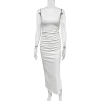 Sexy Round Neck Sleeveless Bodycon Dress Women's Off Shoulder Pleated Split Wrapped Hip Dress Party Club Elegant Long Dress