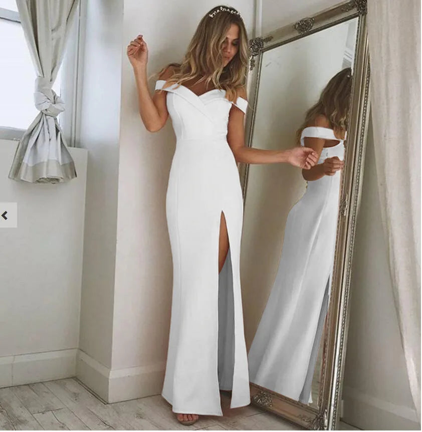 Elegant Dresses Blue Slim Maxi Dress Slash Neck Off Shoulder Dress for Women