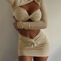 Meqeiss New Elegant Fashion Long Sleeve Sexy Cut Out Skirts 2 Piece Sets Lady Outfits Matching Sets Twist Crop Top and Skirts