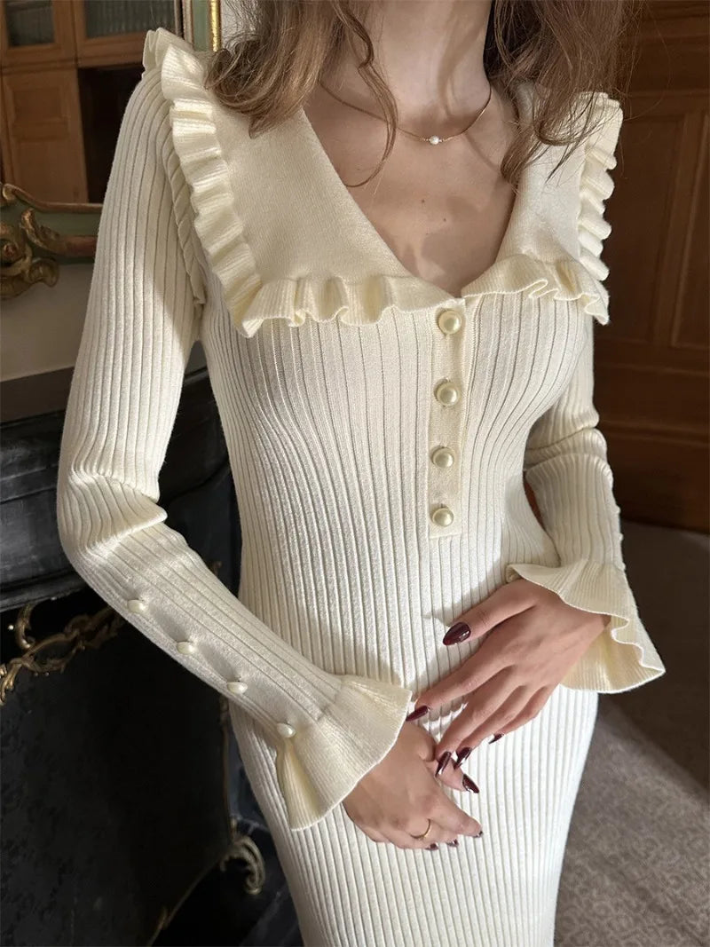High Waist Ruffled Maxi Dresses For Women Knitted Slim Long Dress Women's Vintage Dress