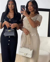 Office Lady Elegant Knitted Long Dress Summer Short Sleelve V Neck Single Breasted Bodycon Dresses Women Party Fashion Vestidos