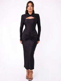 Articat Elegant Long Sleeved Elastic Tight Long Dress Pleated Hollowed Out Slim Vestido