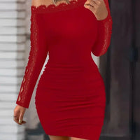 Solid Lace Splice One line Neck Tight Wrap Hip Long Sleeve Dress for Women
