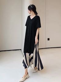 Vestidos Robe Elbise Loose Plus Size Patchwork Silk Velvet Stripe Long Dress