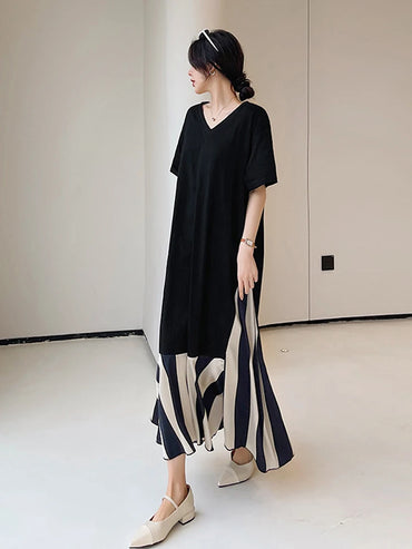 Vestidos Robe Elbise Loose Plus Size Patchwork Silk Velvet Stripe Long Dress