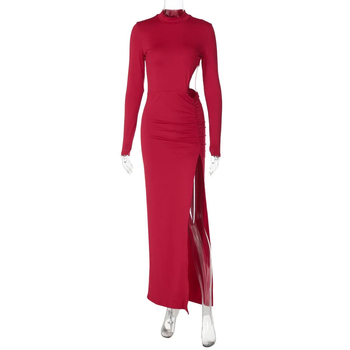 Sexy Maxi Dress Women Fashion Waist Cut Out Slim Party Dresses Red Long Sleeve Evening Party Christmas Dress