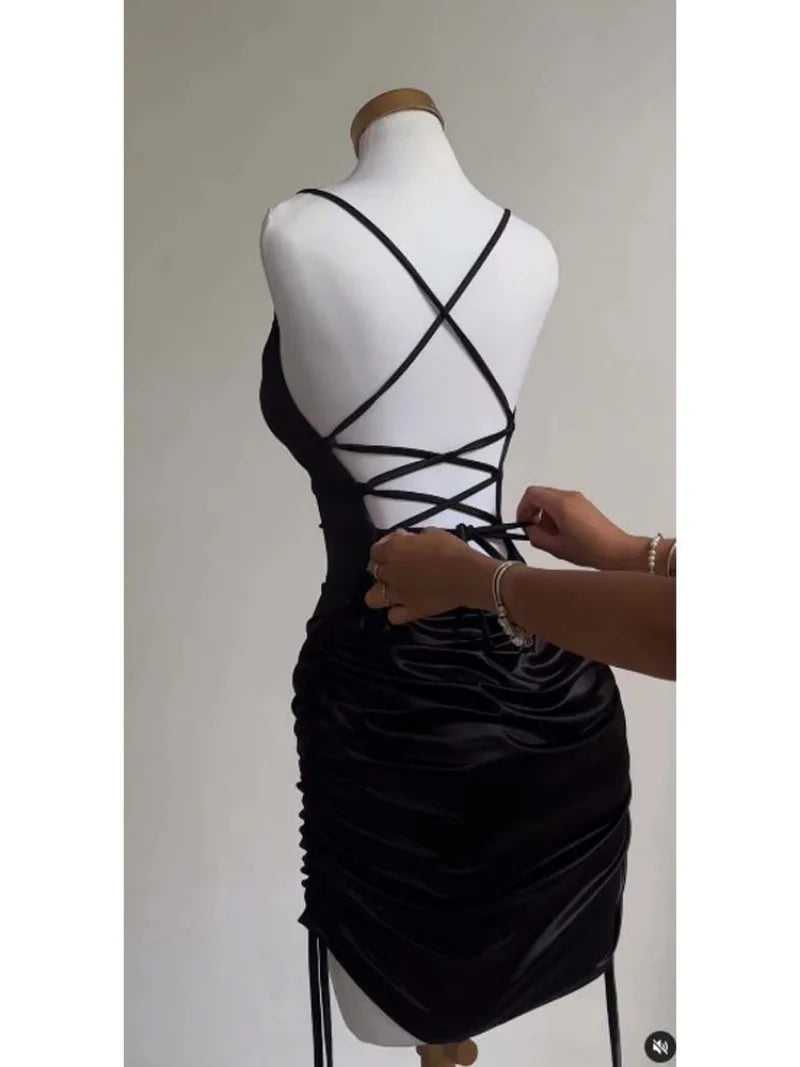 Women's Sexy Satin Lace Up Bodycon Mini Dress, Sleeveless, Backless, Party Club Dresses, Elegant Evening Clothes, Black Robe