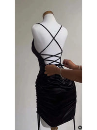 Women's Sexy Satin Lace Up Bodycon Mini Dress, Sleeveless, Backless, Party Club Dresses, Elegant Evening Clothes, Black Robe