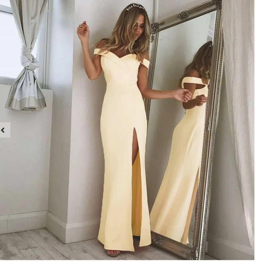 Elegant Dresses Blue Slim Maxi Dress Slash Neck Off Shoulder Dress for Women