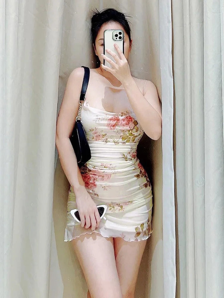 Women's Summer Short Dress Printed Halter Mesh Slim Retro Flower Dresses