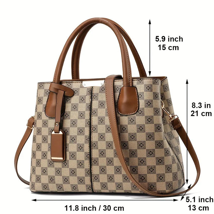 Elegant Flower Plaid Handbag: Versatile, Secure Zippered Satchel with Adjustable Strap & Polyester Lining