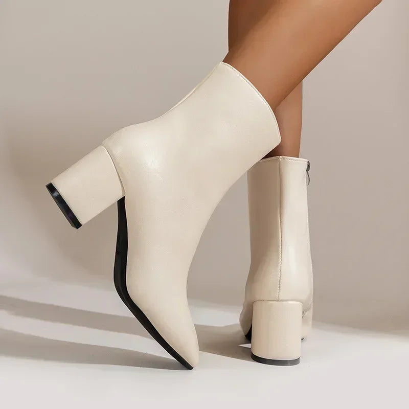 Ankle Boots for Women Side Zipper Stretch Middle Heel Botas De Mujer