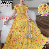Long Dress Women Bohemian Cotton Linen Floral Short Sleeve Korean Style Casual