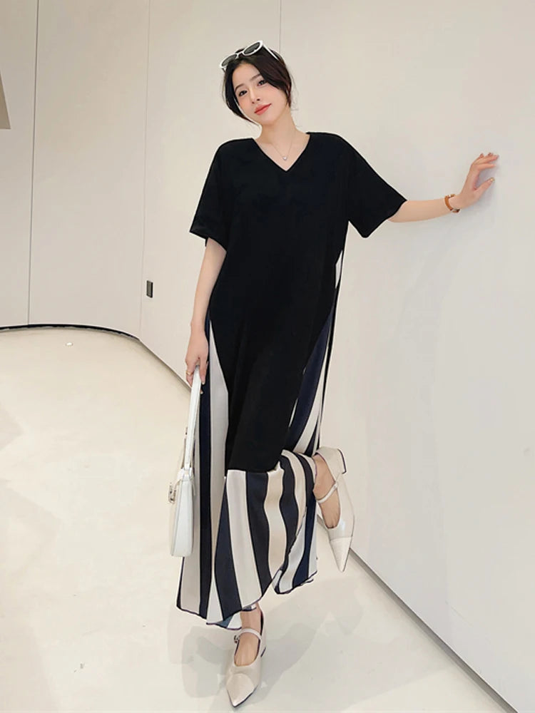 Vestidos Robe Elbise Loose Plus Size Patchwork Silk Velvet Stripe Long Dress